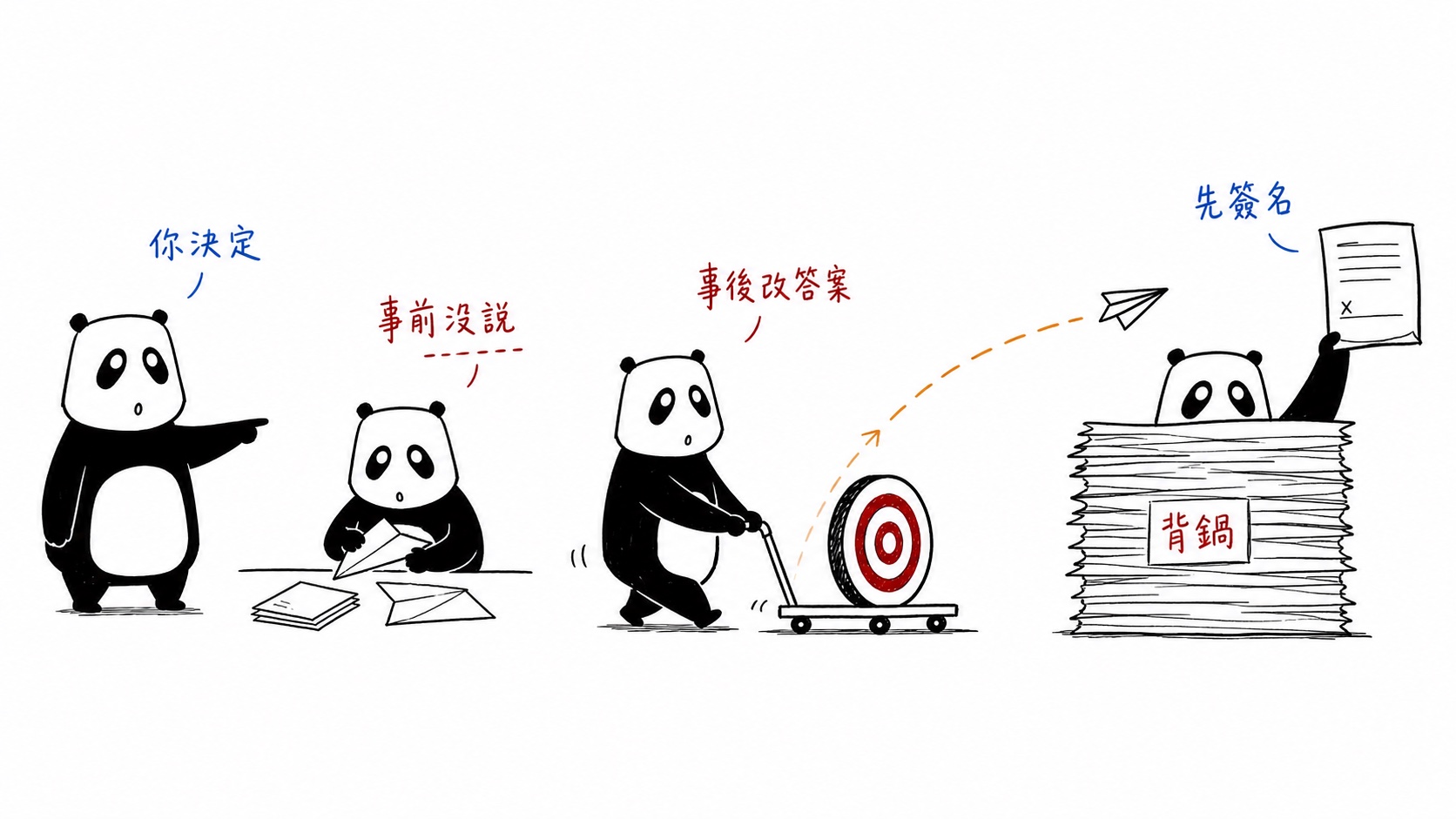 高階主管在紙飛機射出後才移動答案,主管最後改拿簽核單自保
